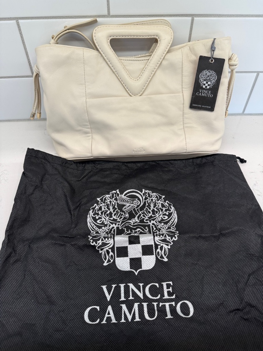 NWT Vince Camuto Off-White Leather Tote Triangle Cutout Handle and 2nd pattern